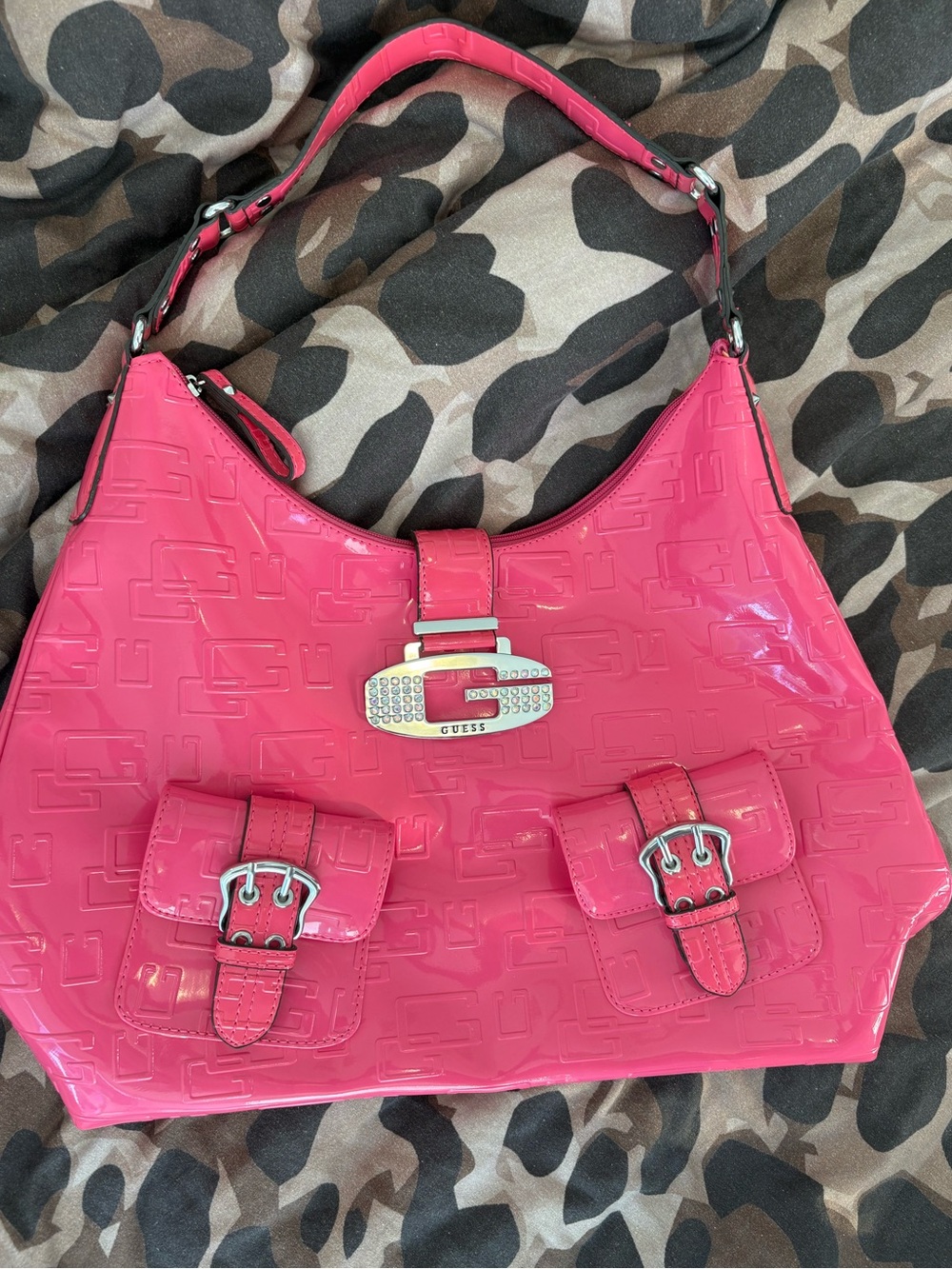 Vintage Y2K GUESS Hot Pink Patent Rhinestone G Shoulder Bag McBling